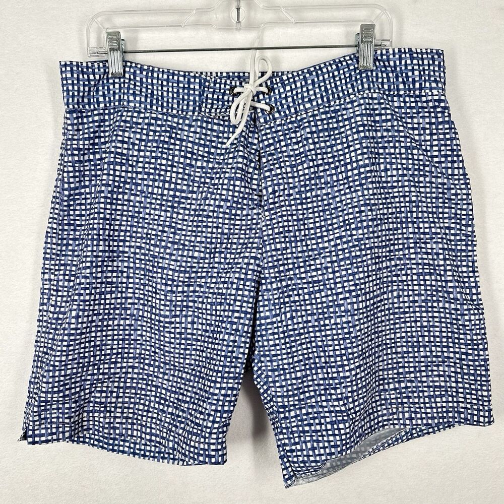 Parke Ronen Mens Swim Trunks Sz 34 Blue Basketweave Check Print Board Shorts 8"